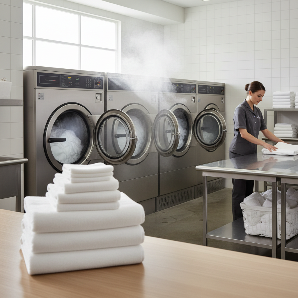 Lavanderia industriale d'hotel con asciugamani bianchi in lavatrice professionale seguendo i protocolli di lavaggio a 60°C per l'hôtellerie