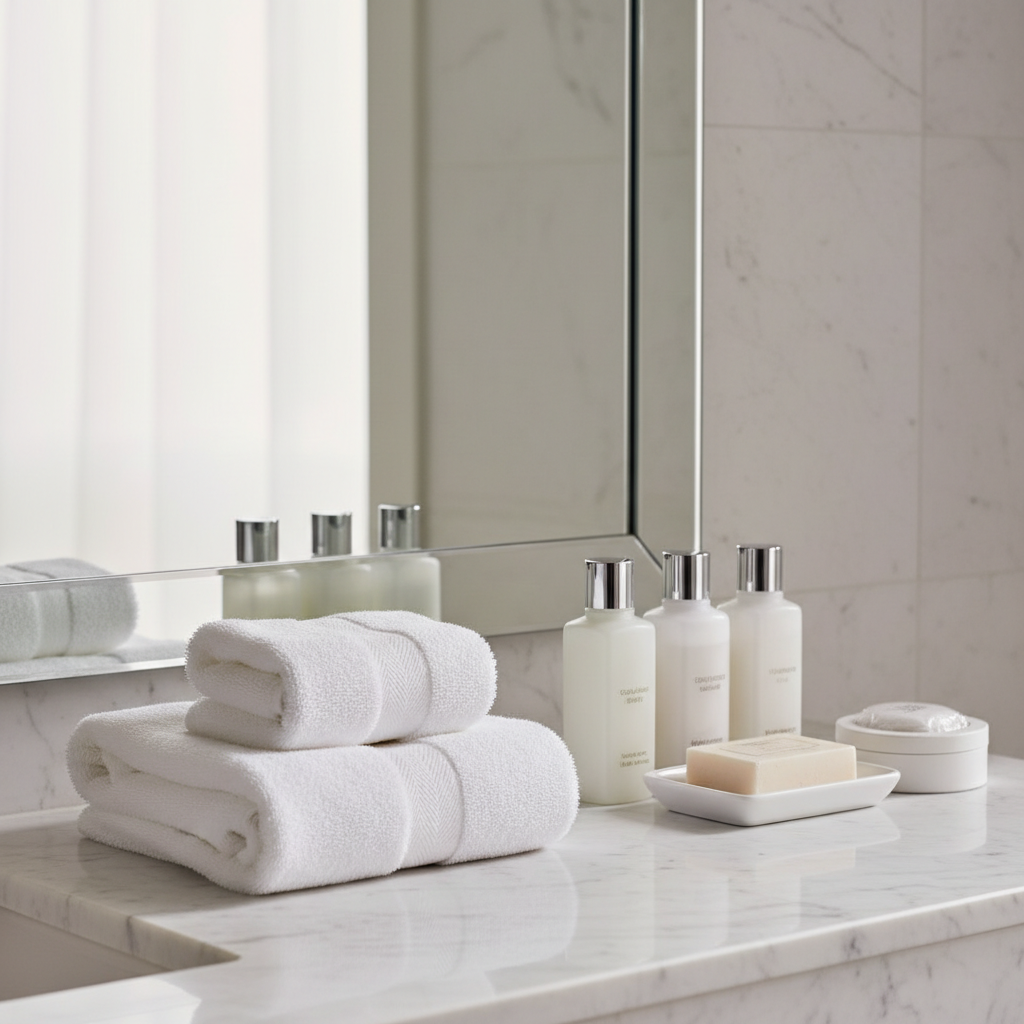Dotazioni bagno d'hotel perfettamente organizzate in vassoio sul piano del lavandino di una camera d'hotel di categoria: sapone, shampoo, gel e crema in linea simmetrica con etichette verso il fronte