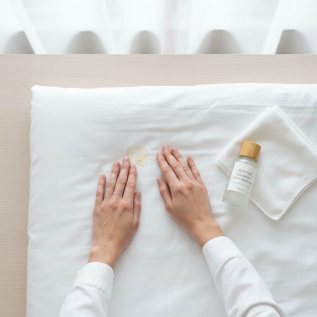 Personale di lavanderia alberghiera tratta una macchia di sangue su un lenzuolo bianco con acqua fredda e prelavaggio enzimatico prima del ciclo di lavaggio