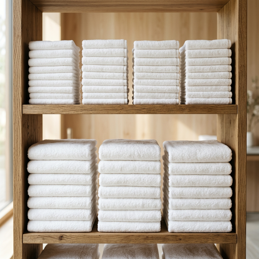Lingerie d'hôtel organisée avec des serviettes de bain blanches empilées par type : grandes serviettes de bain, serviettes de mains et serviettes de bidet classées par le département housekeeping