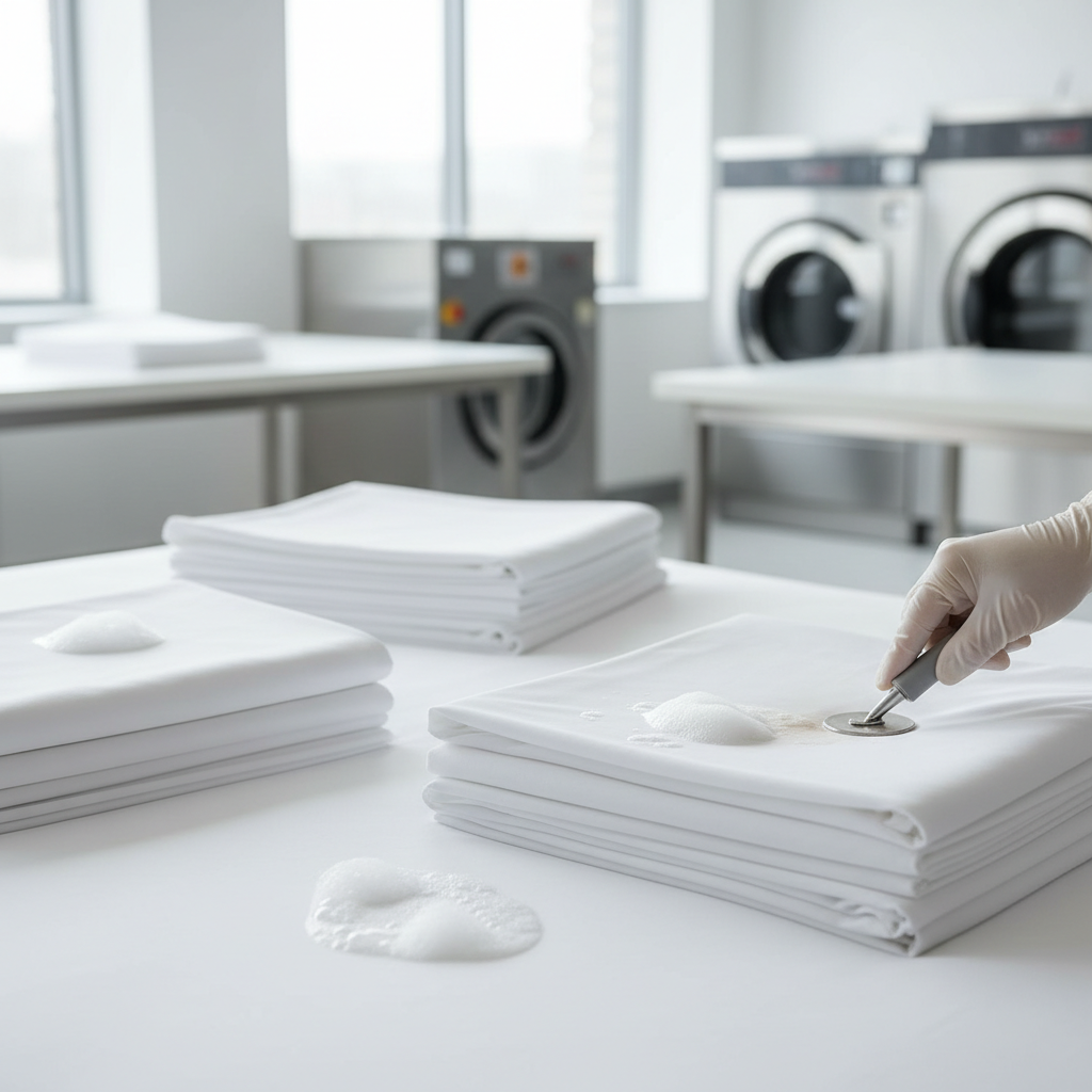  Personnel de blanchisserie hôtelière traitant une tache de sang sur un drap blanc à l'eau froide et pré-lavage enzymatique avant le cycle de lavage