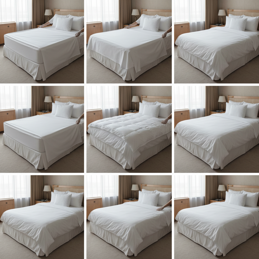 Lit d'hôtel parfaitement fait au standard professionnel de gouvernance : drap-housse tendu, couette impeccable et oreillers symétriques dans une chambre hôtelière de catégorie