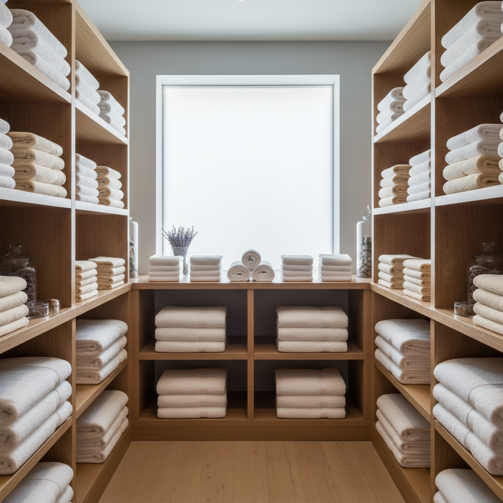 Office d'étage d'hôtel avec stock de serviettes blanches parfaitement empilées et organisées par type : serviettes de bain, de toilette et de bidet sur des étagères de linge