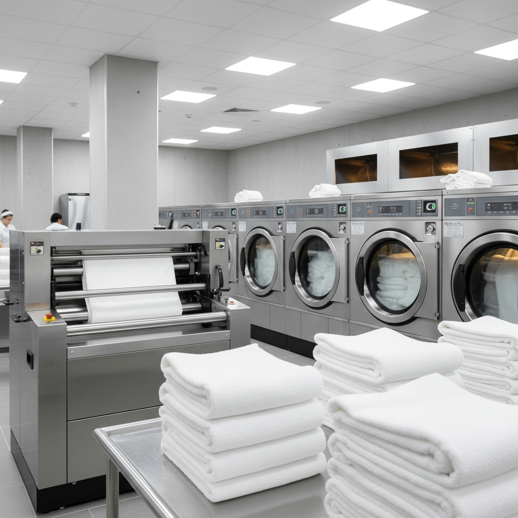 Blanchisserie industrielle d'hôtel avec serviettes blanches dans une machine à laver professionnelle suivant les protocoles de lavage à 60°C pour l'hôtellerie