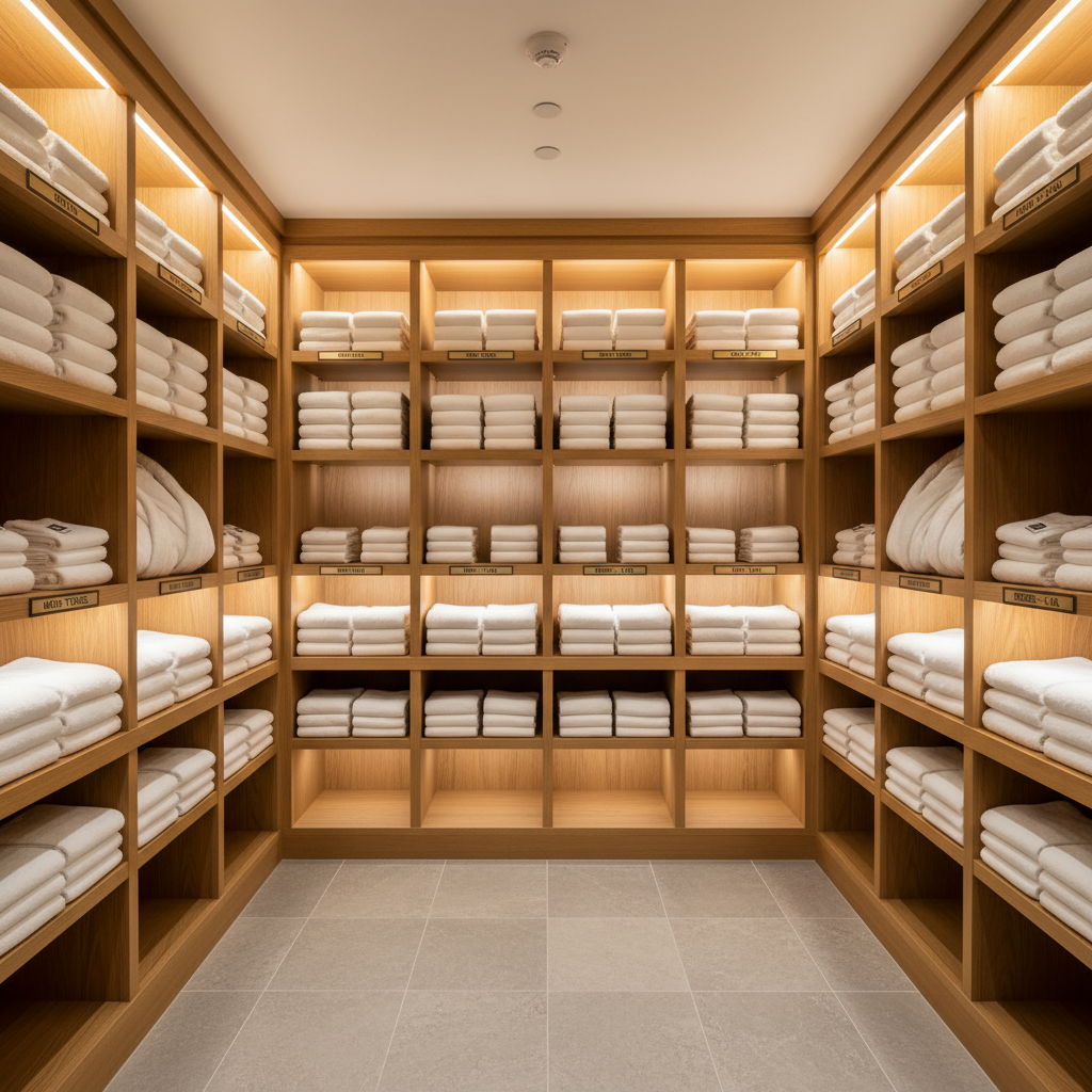 Lingerie organisée de serviettes d'hôtel avec étagères classées par type et taille dans une blanchisserie hôtelière professionnelle