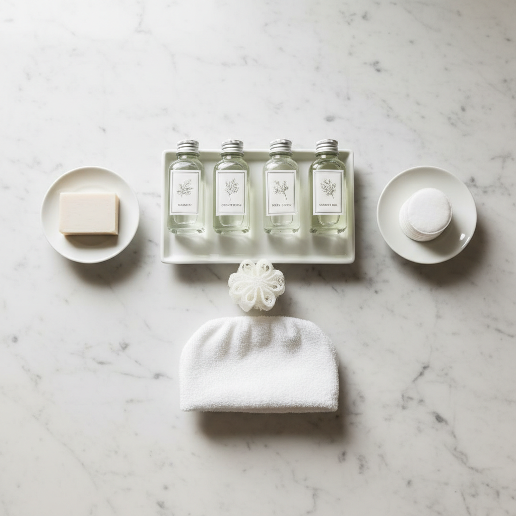 Produits d'accueil d'hôtel parfaitement organisés dans un plateau sur le plan de travail du lavabo d'une chambre hôtelière de catégorie : savon, shampooing, gel et crème en ligne symétrique avec étiquettes face au client