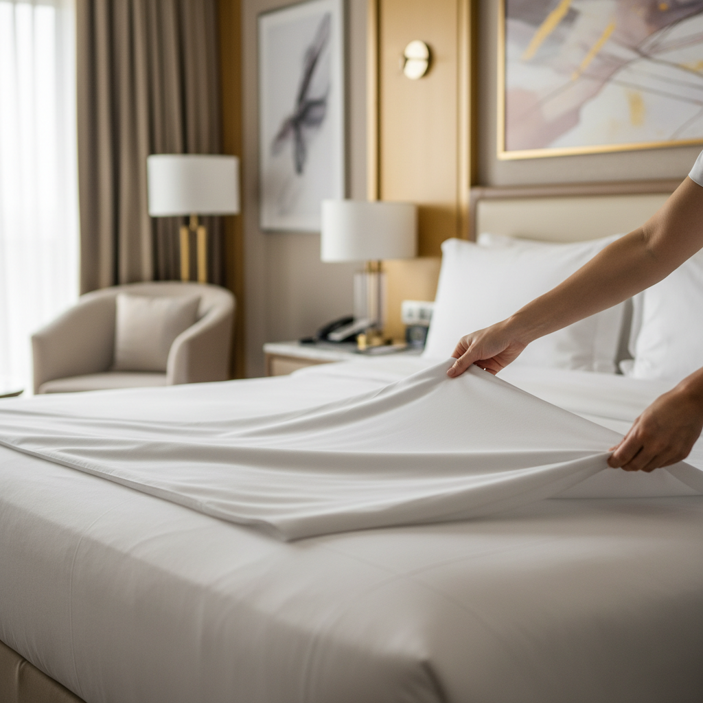 Femme de chambre pliant des draps d'hôtel dans le garde-linge avec la technique professionnelle de housekeeping