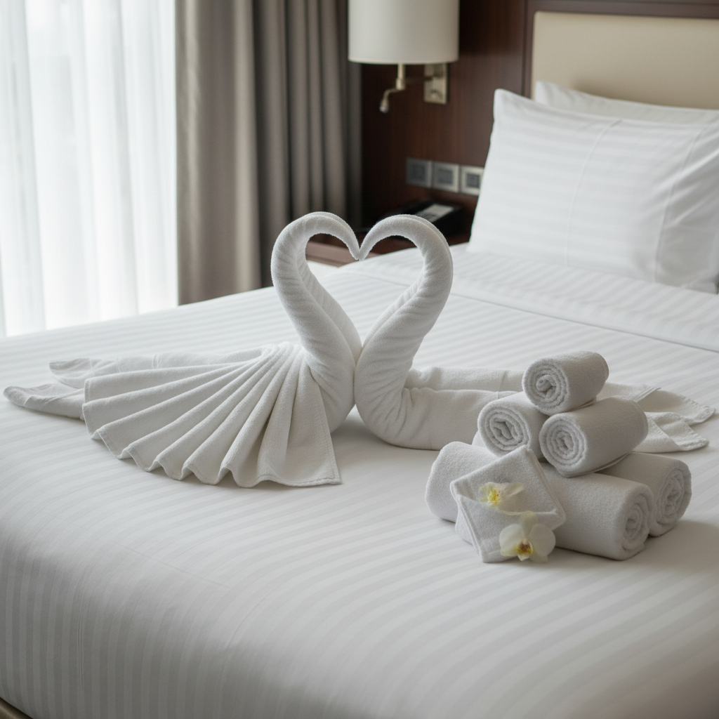 Serviettes d'hôtel parfaitement pliées en pliage rectangulaire standard sur porte-serviettes à barre dans la salle de bain d'une chambre hôtelière de catégorie