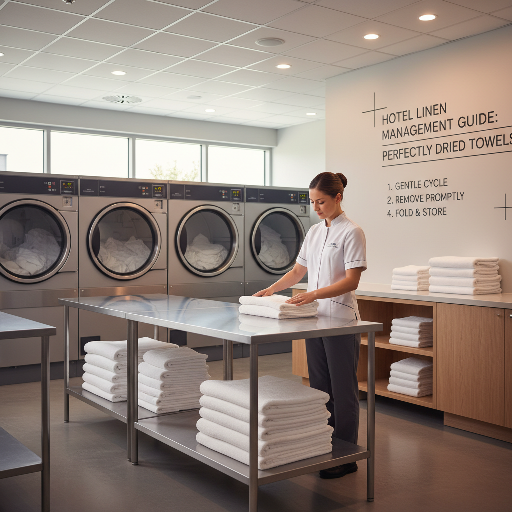Serviettes d'hôtel blanches dans un sèche-linge professionnel de blanchisserie hôtelière avec programme de séchage correct