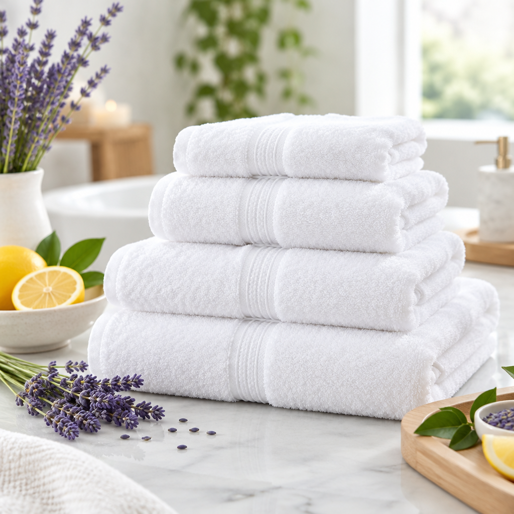 Comparaison de serviettes d'hôtel blanches : serviette en parfait état à côté d'une serviette jaunie par des dépôts de calcaire et des protéines de transpiration dans une blanchisserie hôtelière