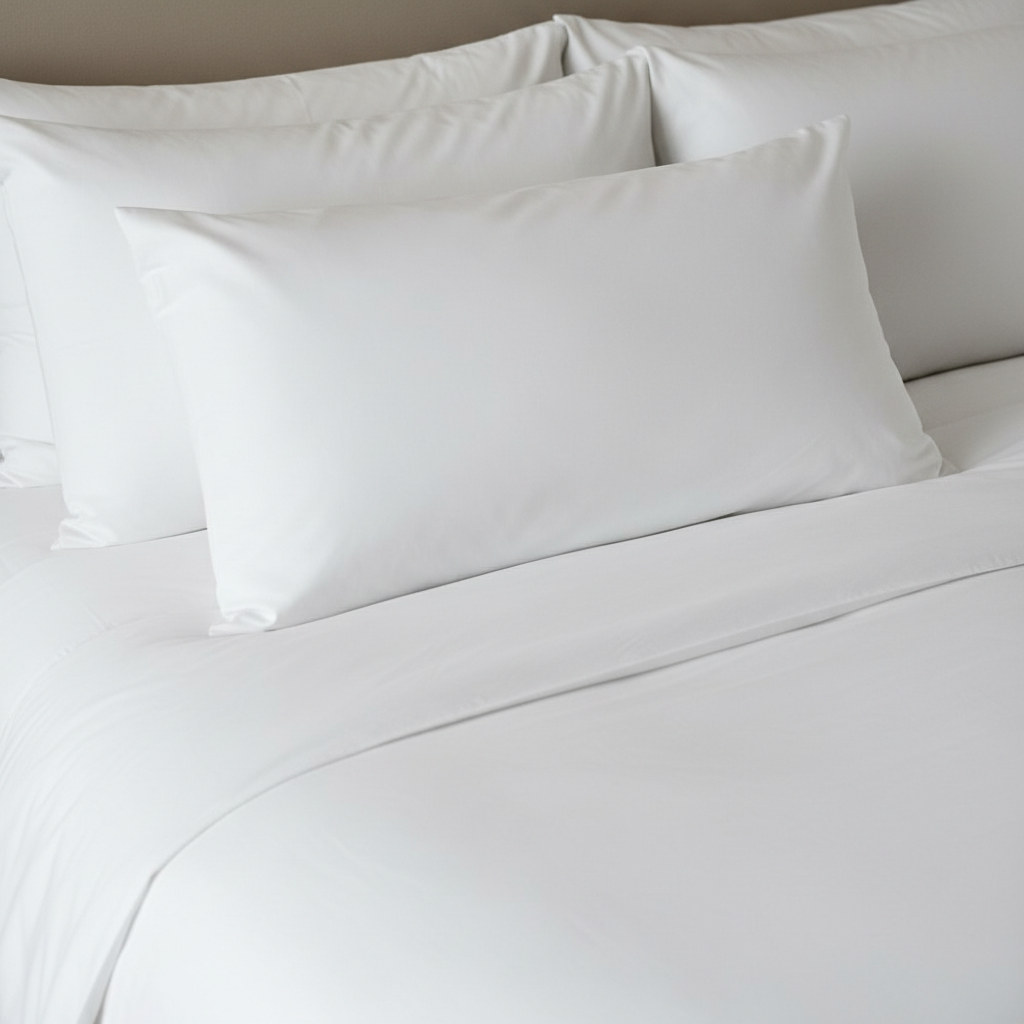 Copricuscino impermeabile per hotel su cuscino di letto alberghiero con federa bianca perfettamente sistemata