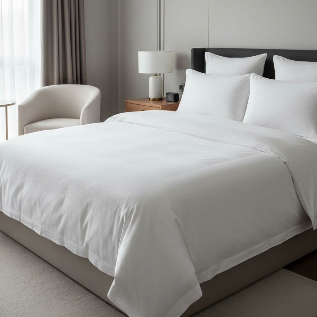 Copripiumino in percalle di cotone bianco perfettamente teso sul letto di una camera d'hotel di categoria