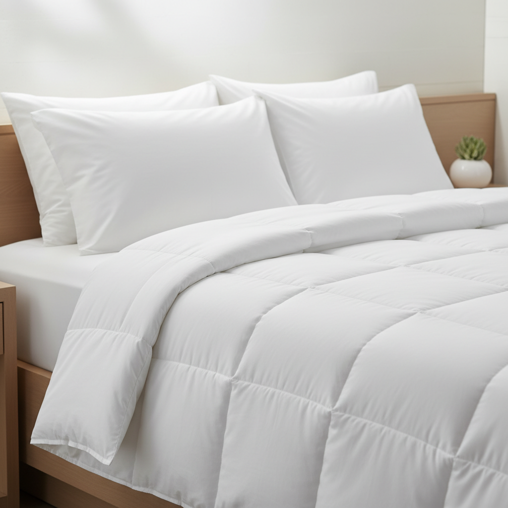 Lit d'hôtel avec couette hôtelière blanche volumineuse et housse de couette parfaitement mise en place dans une chambre hôtelière