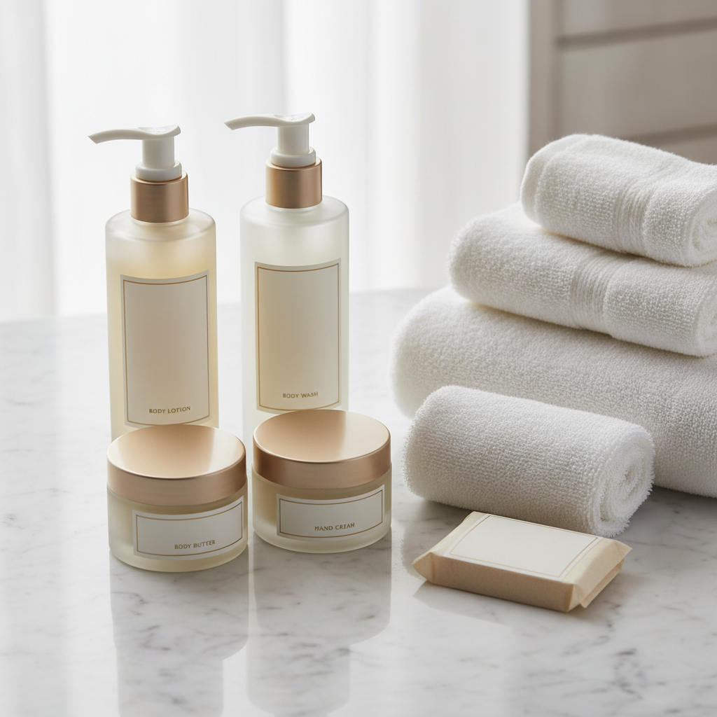 Crème corps pour hôtel en tube individuel et pot haut de gamme présentés dans la salle de bain d'une chambre hôtelière