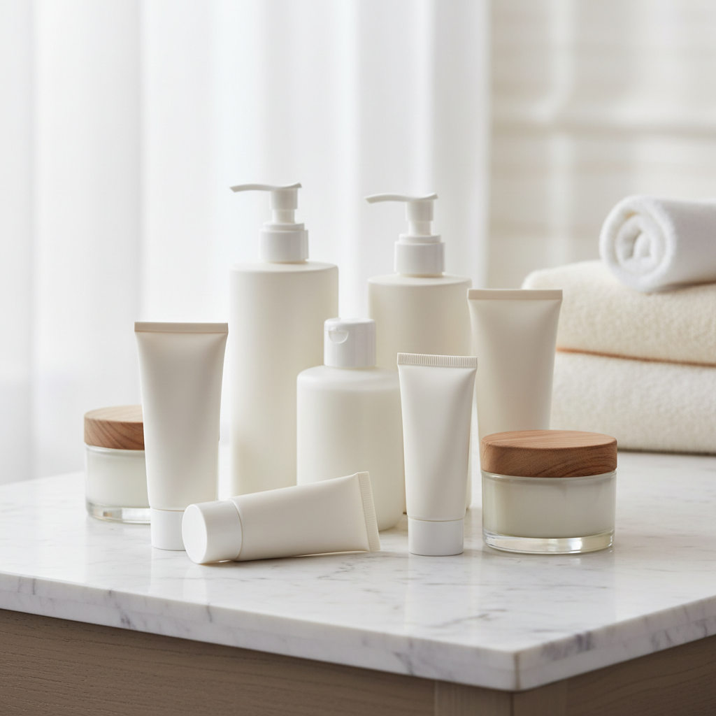  Kit di dotazioni hotel coordinato: shampoo, balsamo, gel doccia e crema corpo della stessa linea aromatica