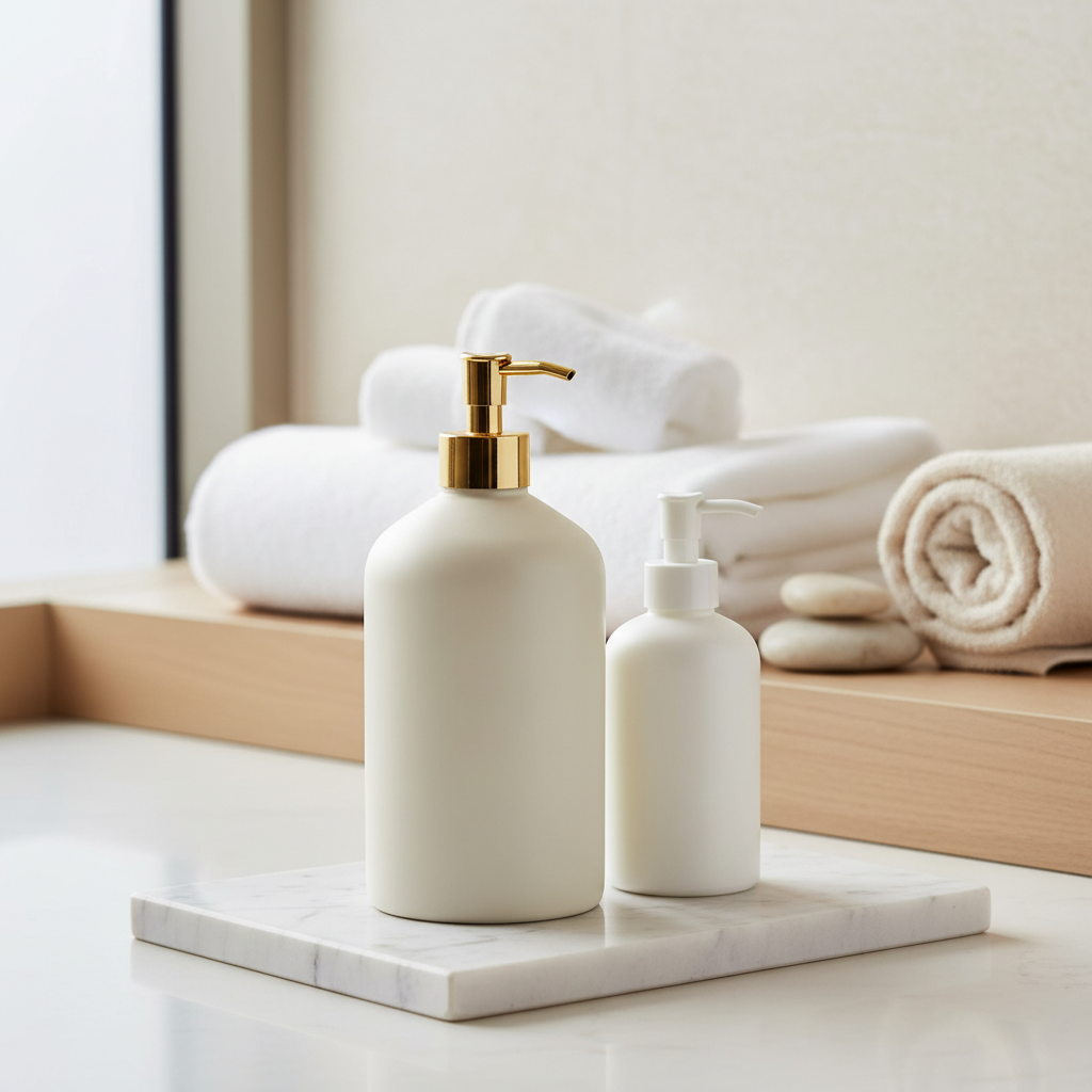  Crema corporal para hotel en tubo individual y tarro de gama alta presentados en baño de habitación hotelera