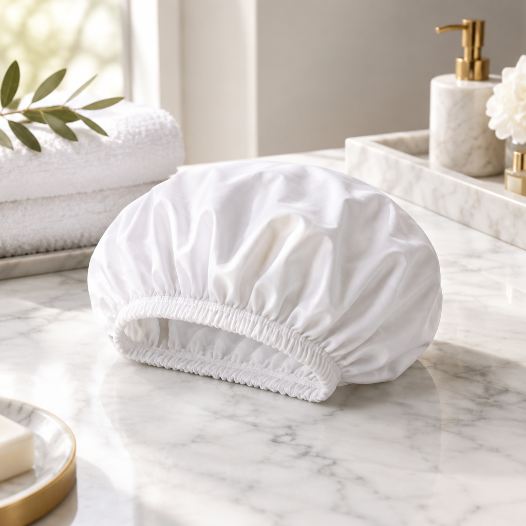 Cuffia da doccia per hotel in EVA bianco aperta sul piano del bagno alberghiero con dotazioni bagno: gel doccia, shampoo e sapone in formato travel