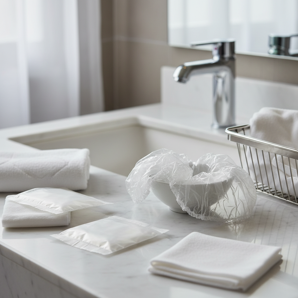 Cuffia da doccia hotel individuale sigillata su marmo di bagno con amenities alberghieri