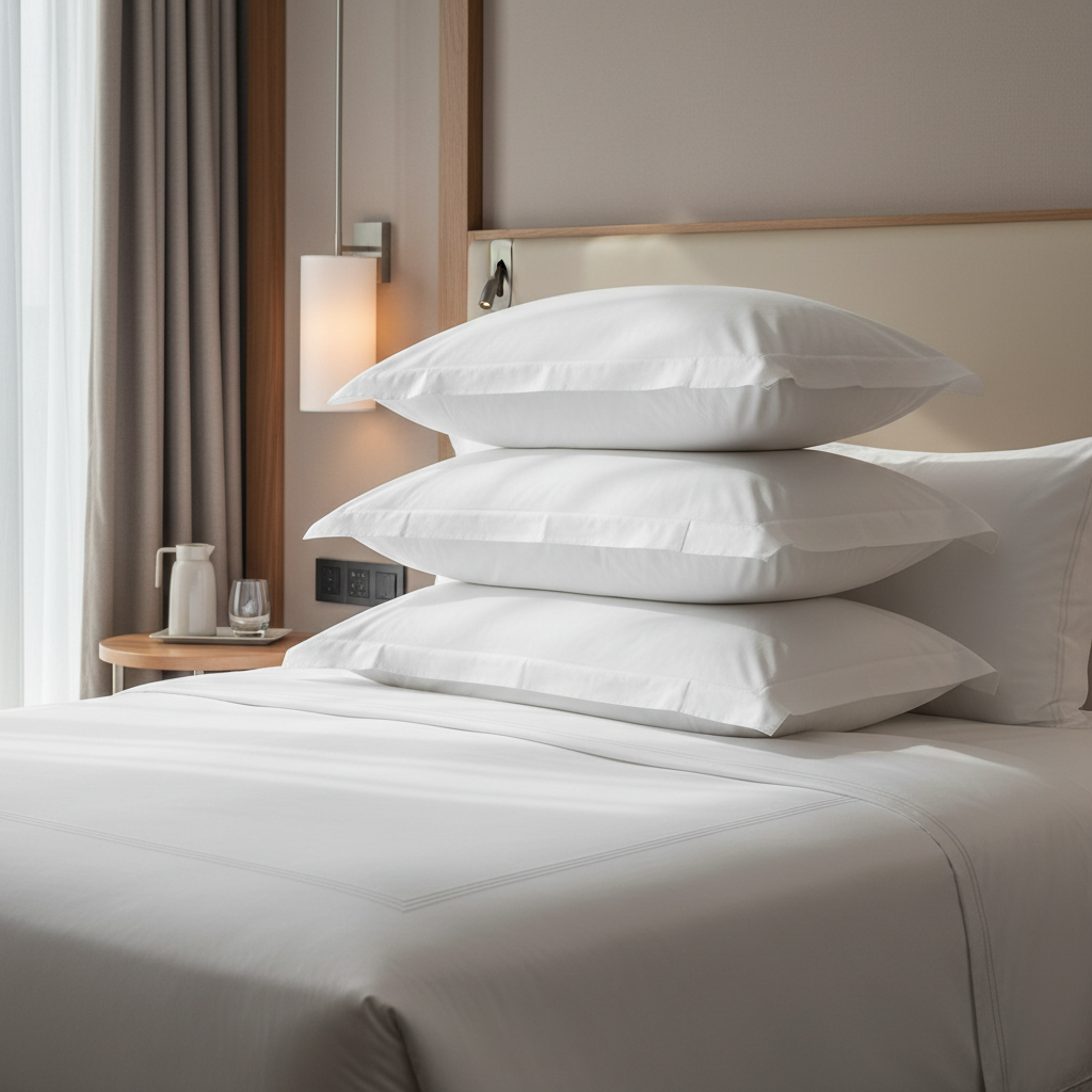 Cuscini per hotel di diversi gradi di sostegno presentati sul letto di una camera d'hotel di categoria con federa bianca