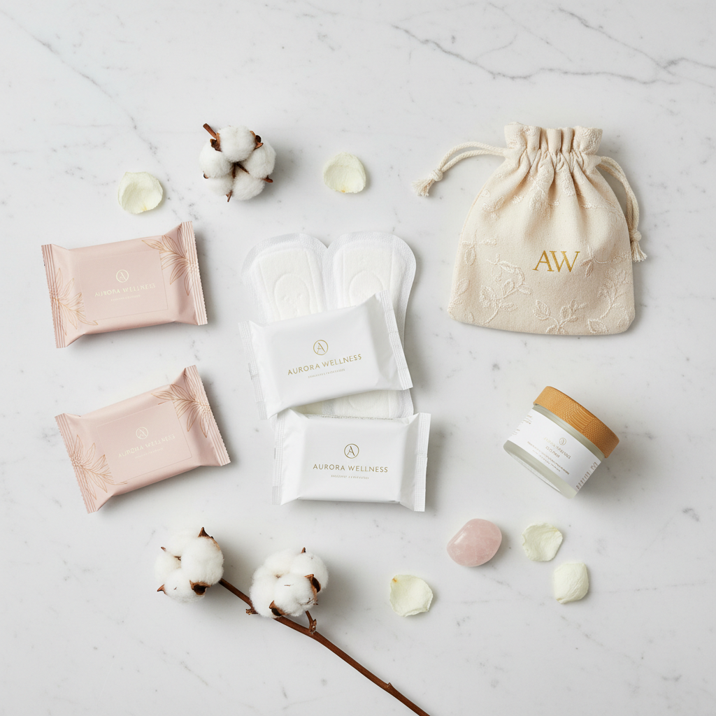 Damenhygiene Set für Hotel in diskretem und elegantem Beutel auf hochwertiger Hotelbadoberfläche