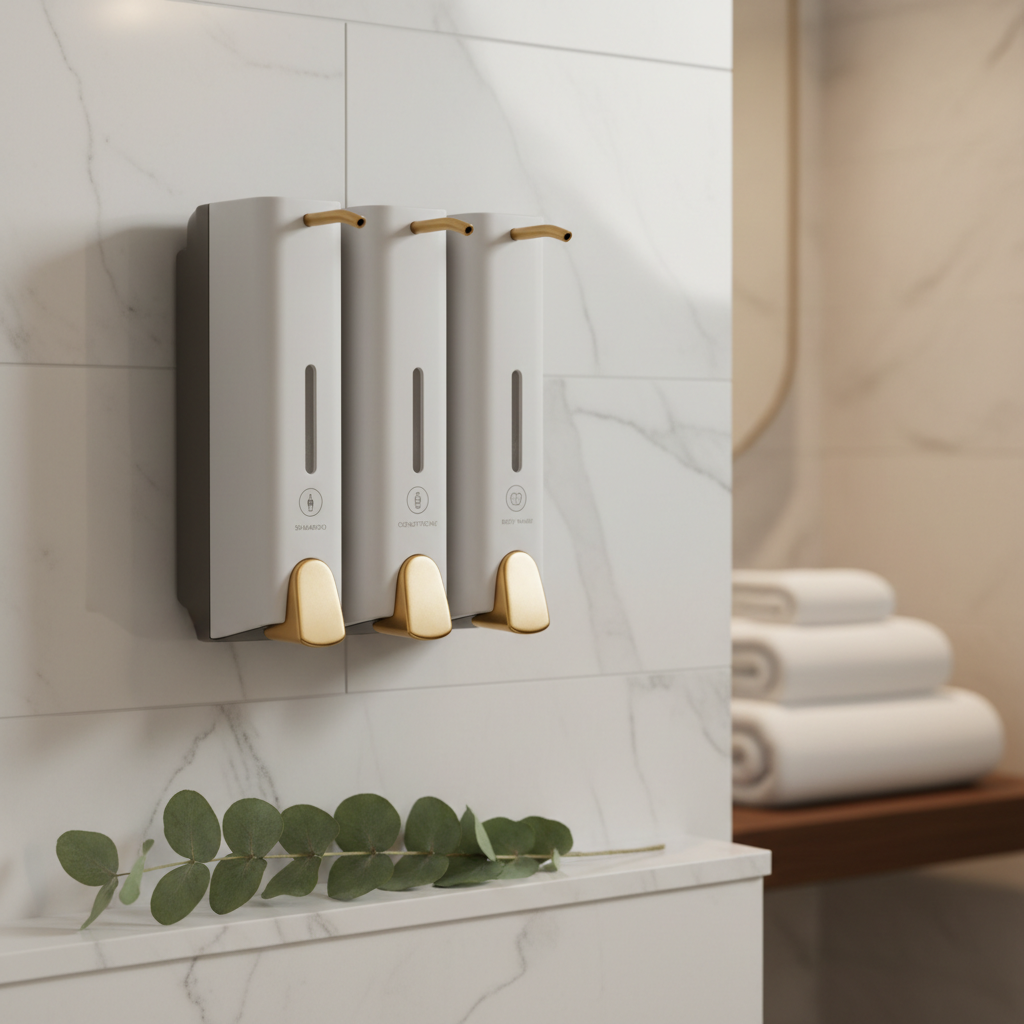 Dispensadores de amenities de pared para hotel en acero inoxidable con gel de ducha, champú y acondicionador instalados en ducha de habitación hotelera de categoría