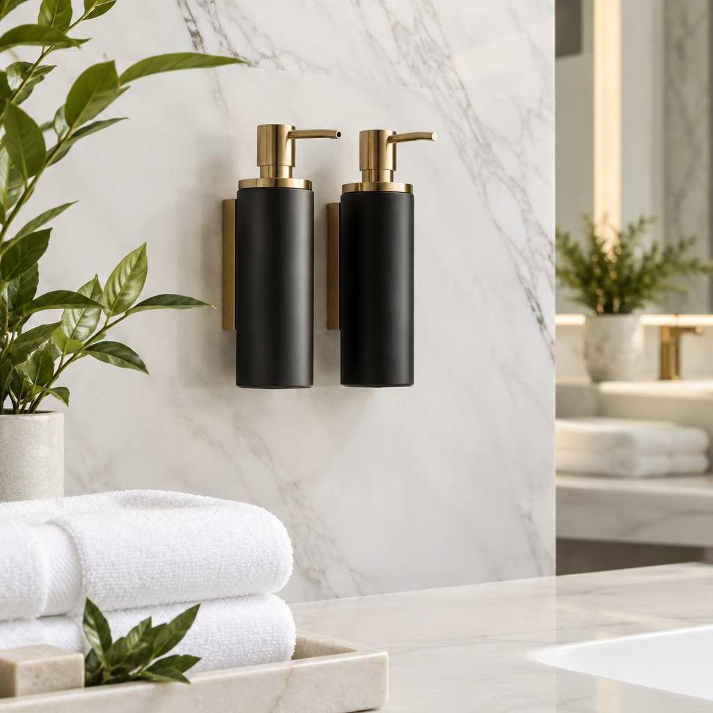  Distributeur d'amenities d'hôtel en finition noir mat installé dans une douche d'hôtel quatre étoiles avec trois compartiments pour shampooing, après-shampooing et gel douche de marque premium