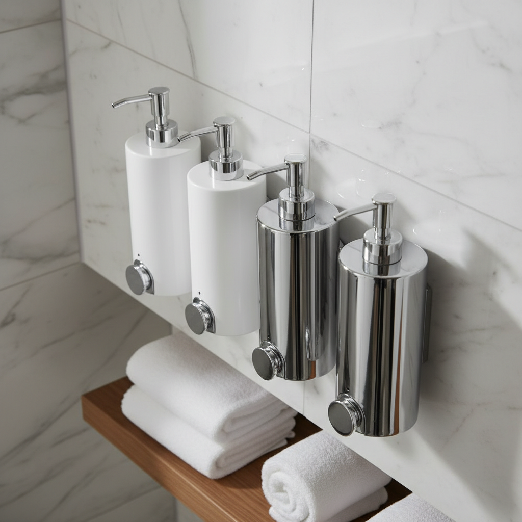 Dispenser a parete in acciaio inossidabile per hotel con gel doccia, shampoo e balsamo installati nella doccia di una camera d'hotel di categoria