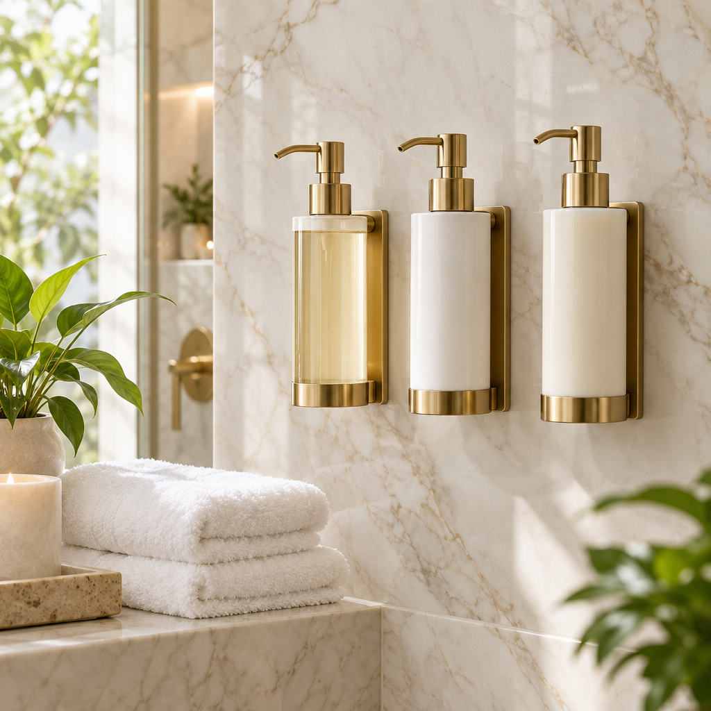 Dispenser di amenities per hotel in finitura nero opaco installato in una doccia di hotel quattro stelle con tre scomparti per shampoo, balsamo e gel doccia di un brand premium