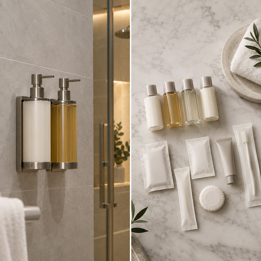 Confronto amenity hotel: dispenser a parete con cartuccia sostituibile accanto a un set di monodose individuali shampoo, gel doccia e balsamo in un bagno di hotel quattro stelle