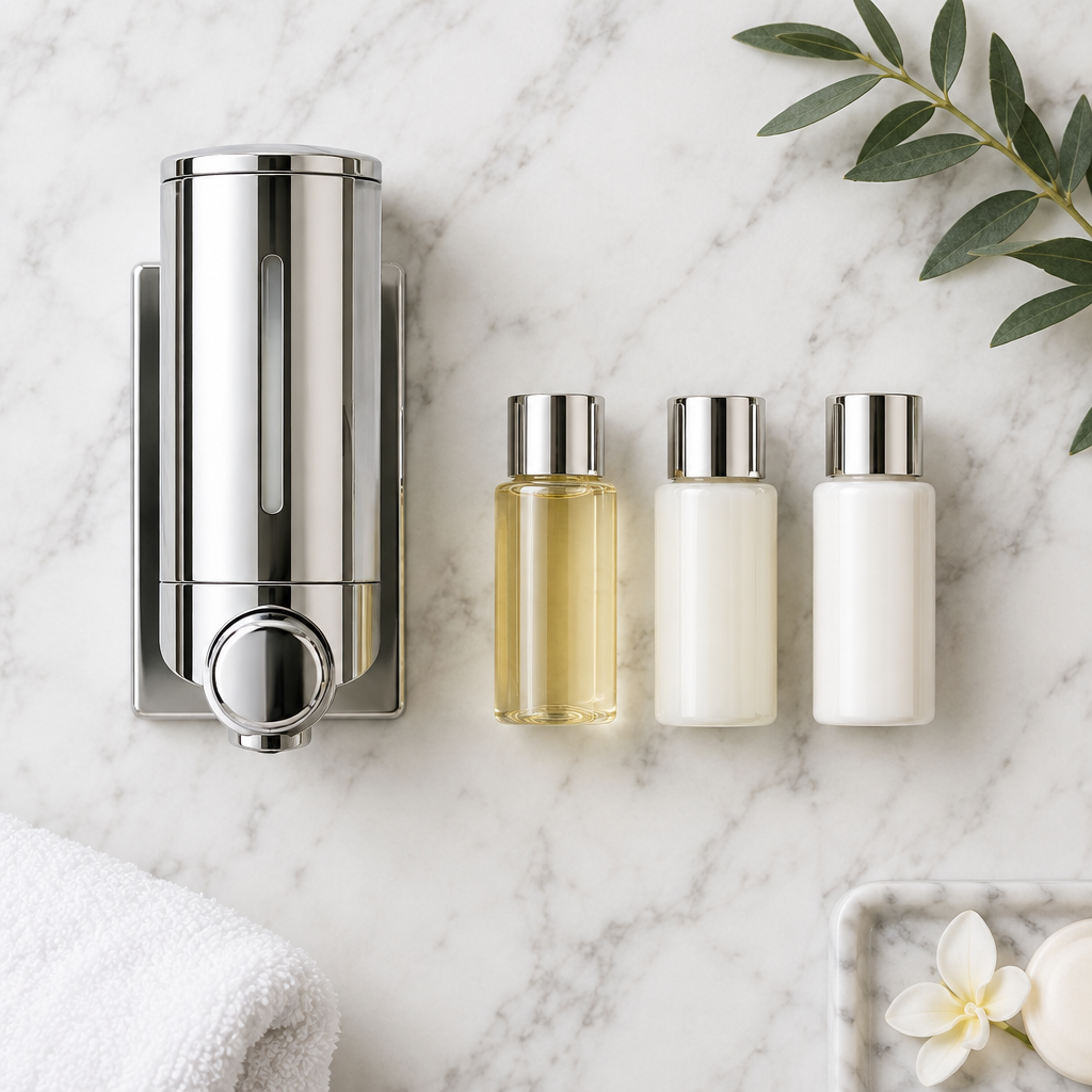 Vergleich Hotelkosmetik: Wandspender mit auswechselbarer Kartusche neben einem Set Einzelportionen Shampoo, Duschgel und Spülung in einem Vier-Sterne-Hotelbadezimmer