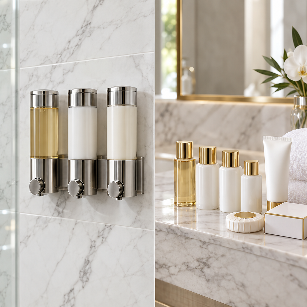 Hotel amenities comparison: wall-mounted cartridge dispenser alongside a set of individual single-use shampoo, shower gel and conditioner bottles in a four-star hotel bathroom