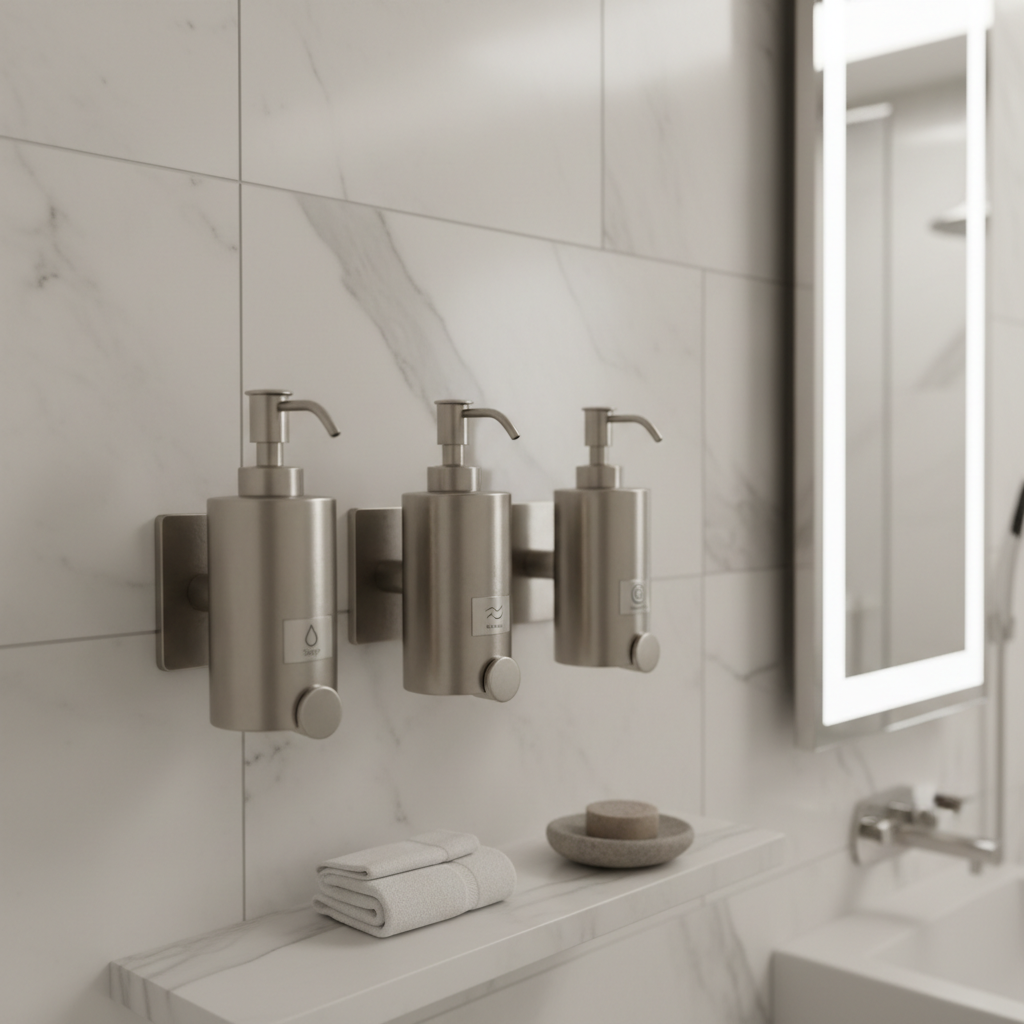 Distributeurs muraux d'hôtel en acier inoxydable avec gel douche, shampooing et après-shampooing installés dans la douche d'une chambre hôtelière de catégorie