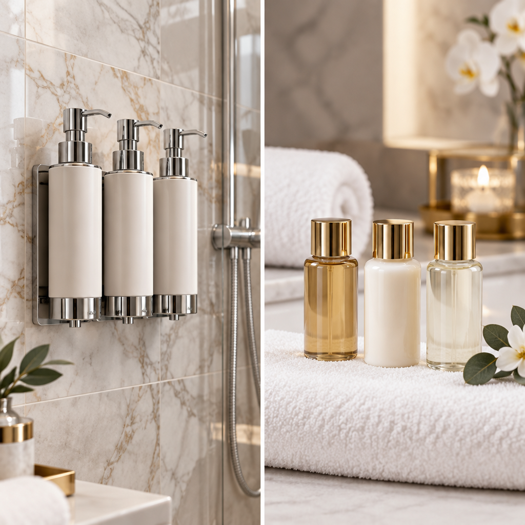 Comparatif produits d'accueil hôtel : distributeur mural à cartouche rechargeable à côté d'un set de monodoses individuelles shampoing, gel douche et après-shampoing dans une salle de bain d'hôtel quatre étoiles