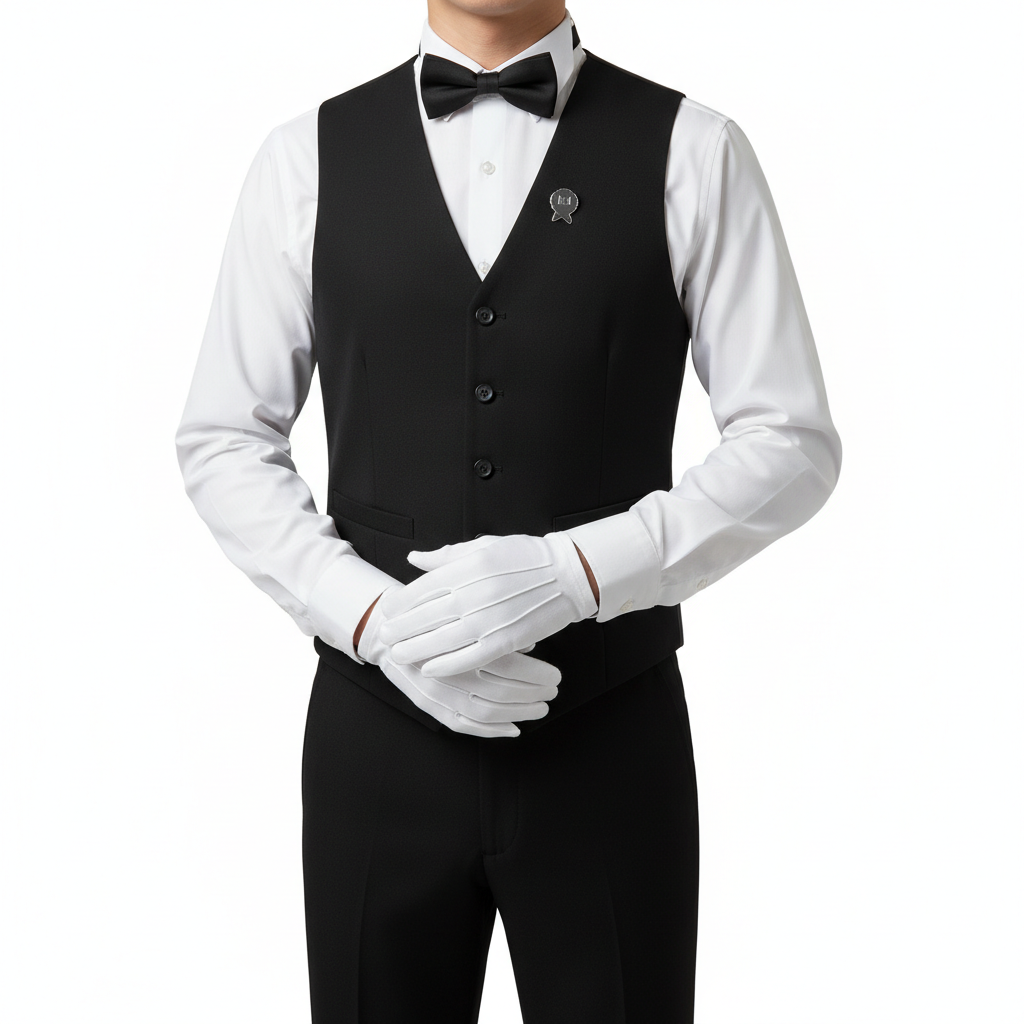 Team di sala di ristorante d'hotel in divisa coordinata: camicia bianca, gilet nero e grembiule da vita durante il servizio
