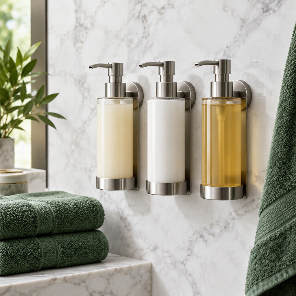 Dosificador de amenities de hotel en acabado negro mate instalado en ducha de hotel cuatro estrellas con tres compartimentos para champú, acondicionador y gel de ducha de marca premium