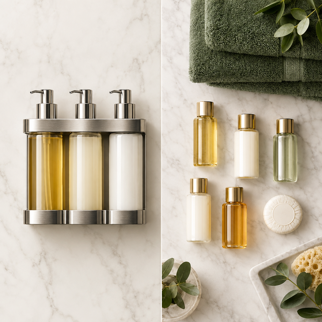 Comparativa de amenities de hotel: dosificador de pared con cartucho recargable junto a set de monodosis individuales de champú, gel y acondicionador en baño de hotel de cuatro estrellas