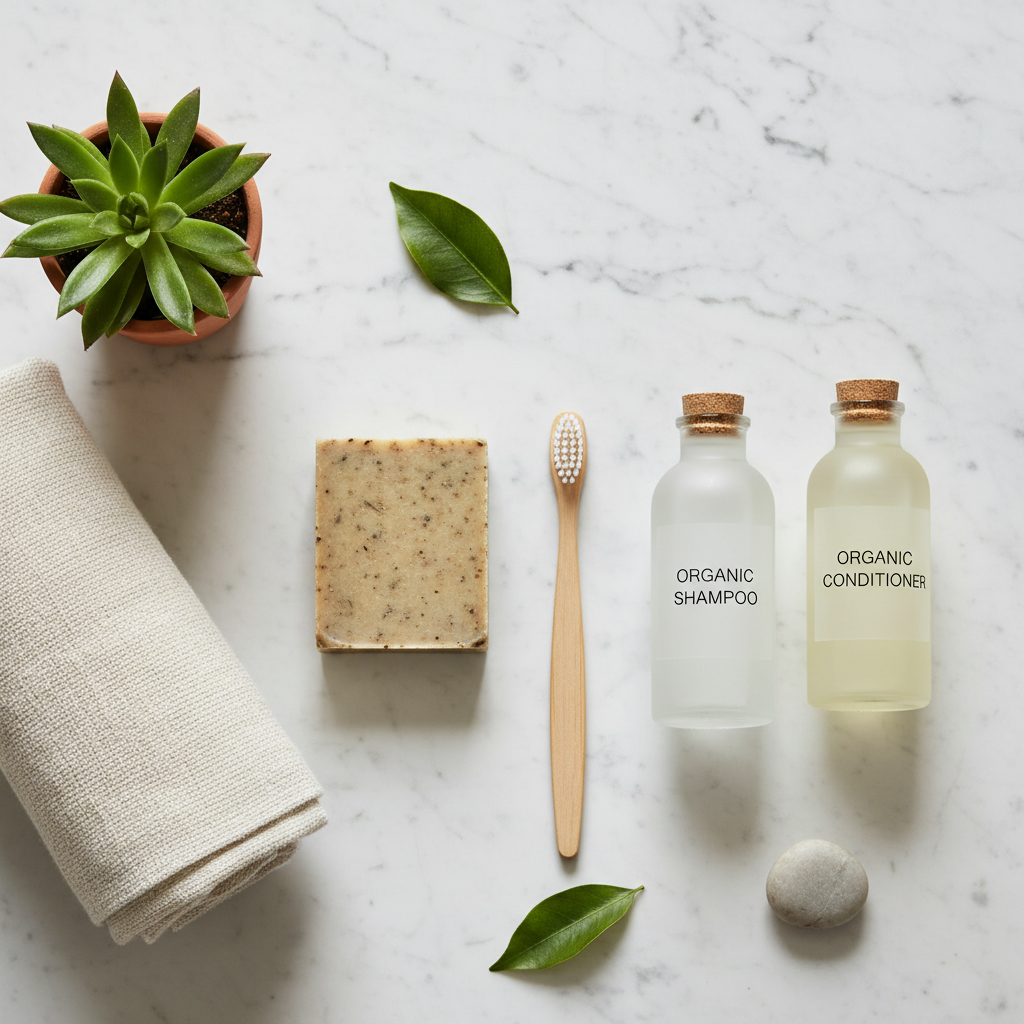 Dotazioni bagno ecologiche per hotel con imballaggio in carta kraft e saponi naturali su superficie in legno in un bagno sostenibile