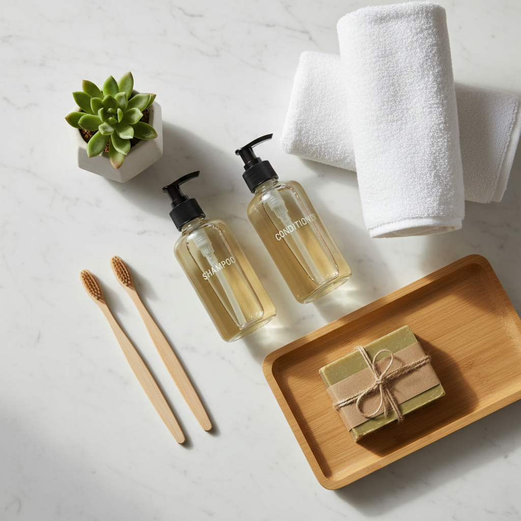 Dotazioni bagno ecologiche per hotel in packaging di carta riciclata e bambù su superficie di bagno alberghiero sostenibile