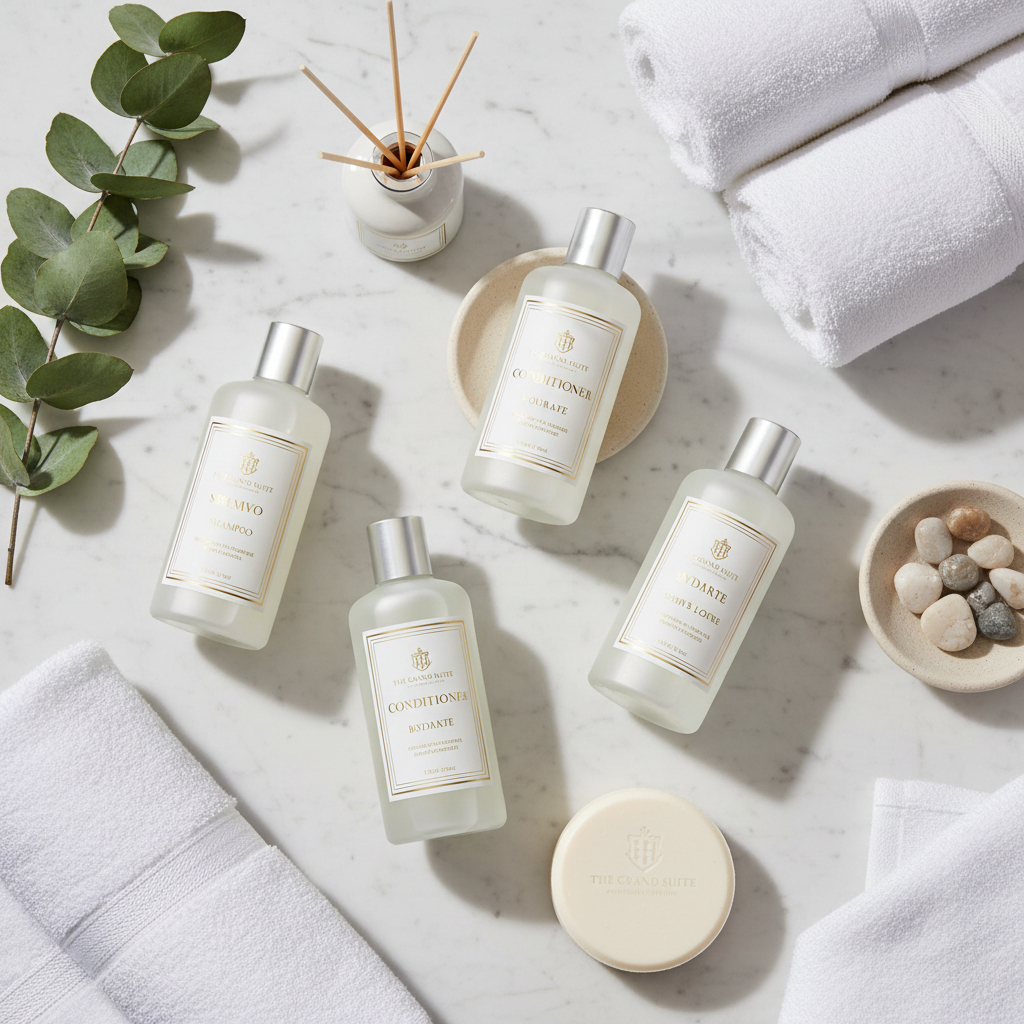 Kit di dotazioni bagno personalizzate per hotel con logo dell'esercizio su lavandino in marmo in camera d'hotel di lusso