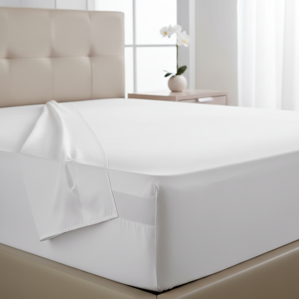 Drap-housse hôtelier en percale de coton blanc avec élastique périmétrique complet et poche profonde de 40 cm ajusté sur un matelas hôtelier avec surmatelas