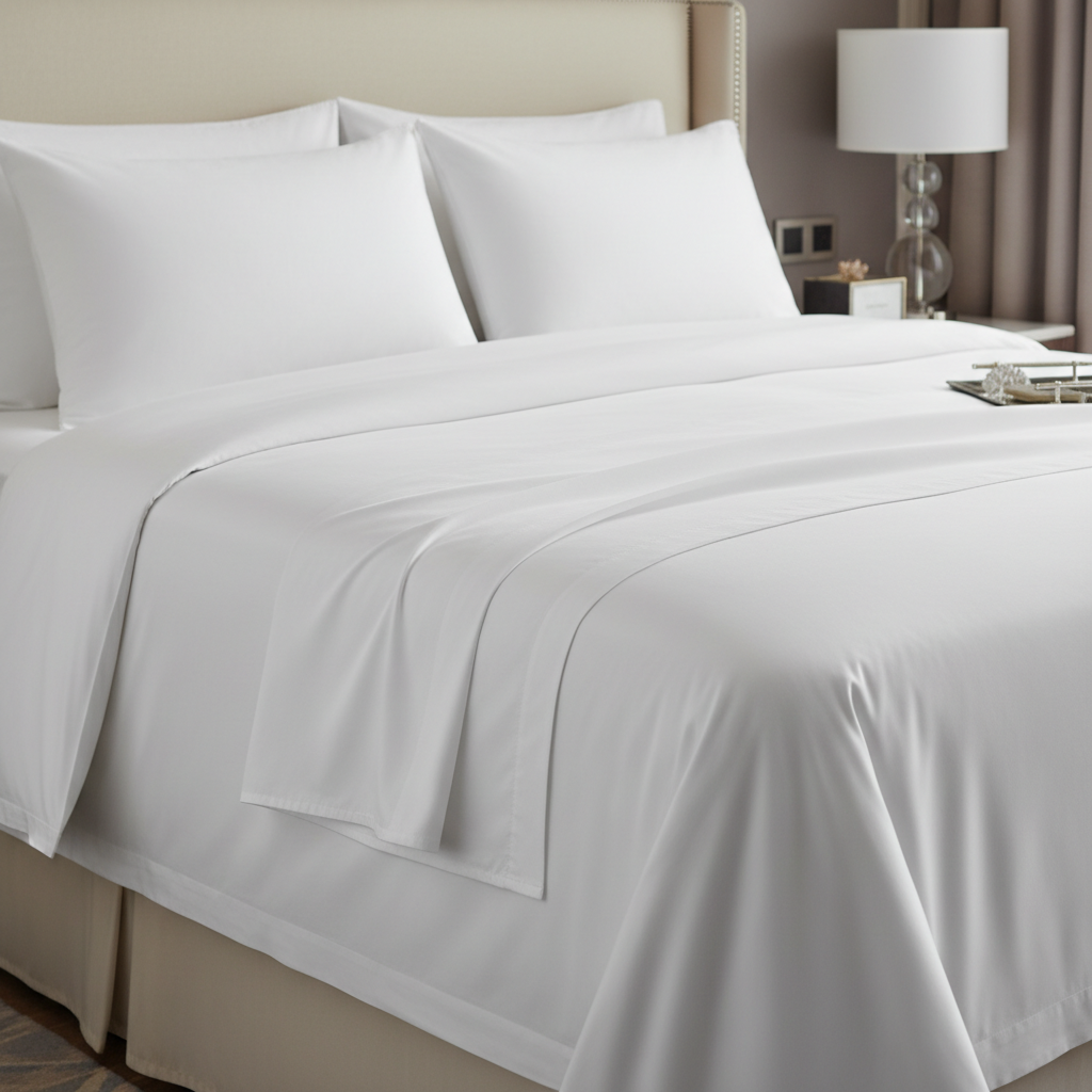 Drap plat hôtelier en percale de coton blanc avec ourlet à jour de broderie sur le lit d'une chambre hôtelière de catégorie