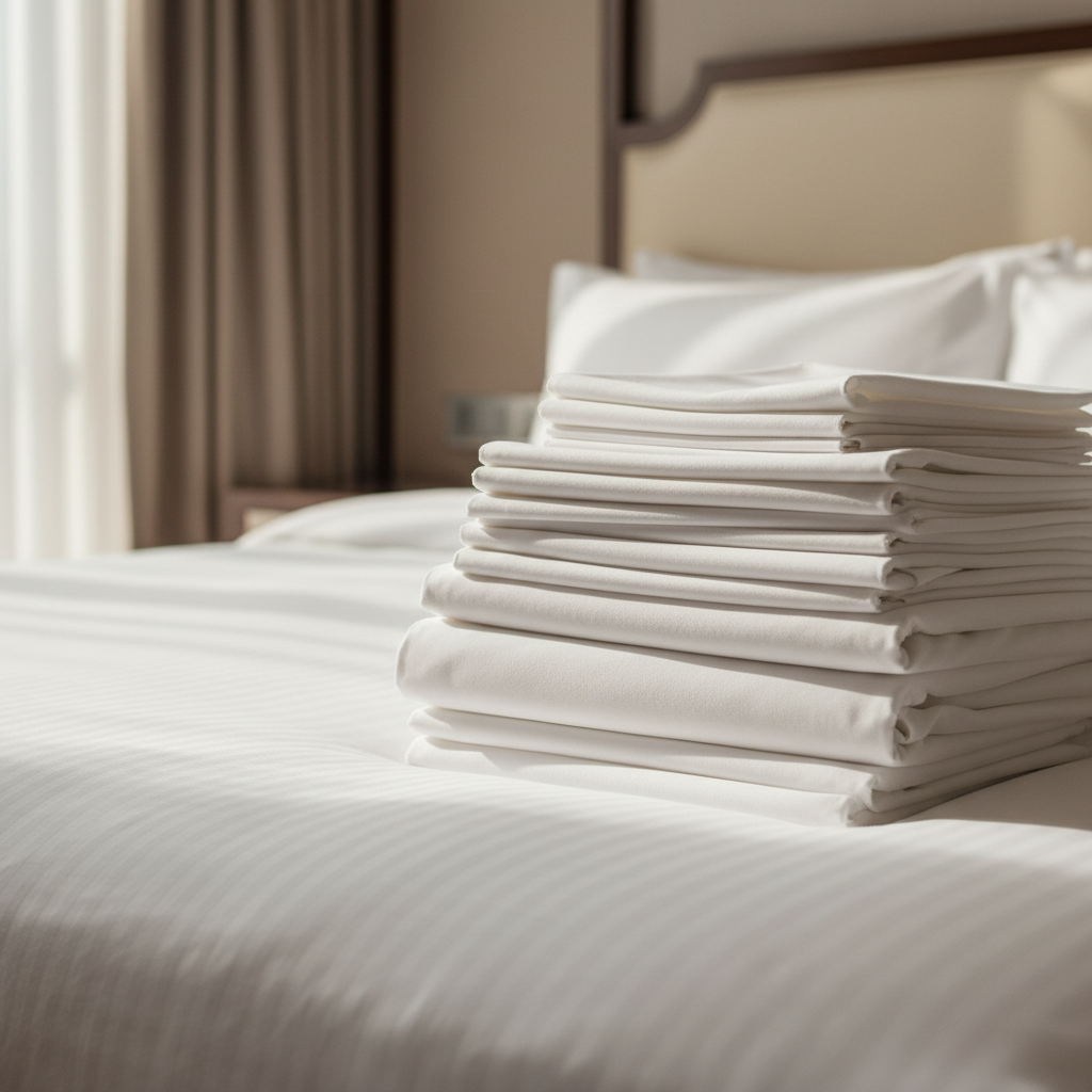 Draps en microfibre pour hôtel parfaitement tendus sur un lit de chambre hôtelière sans faux plis visibles