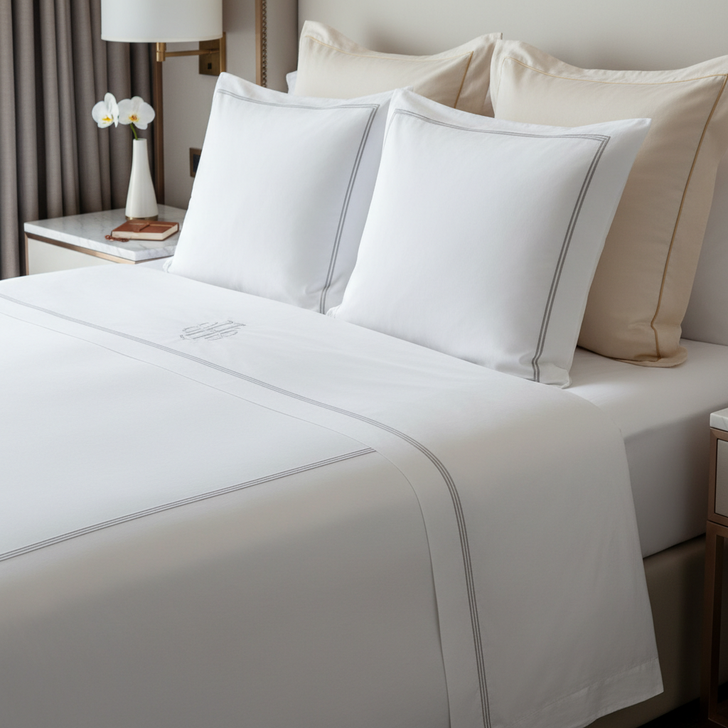 Comparatif de linge de lit hôtelier premium : percale de luxe et satin hôtelier en coton égyptien pour hôtels de luxe et cinq étoiles