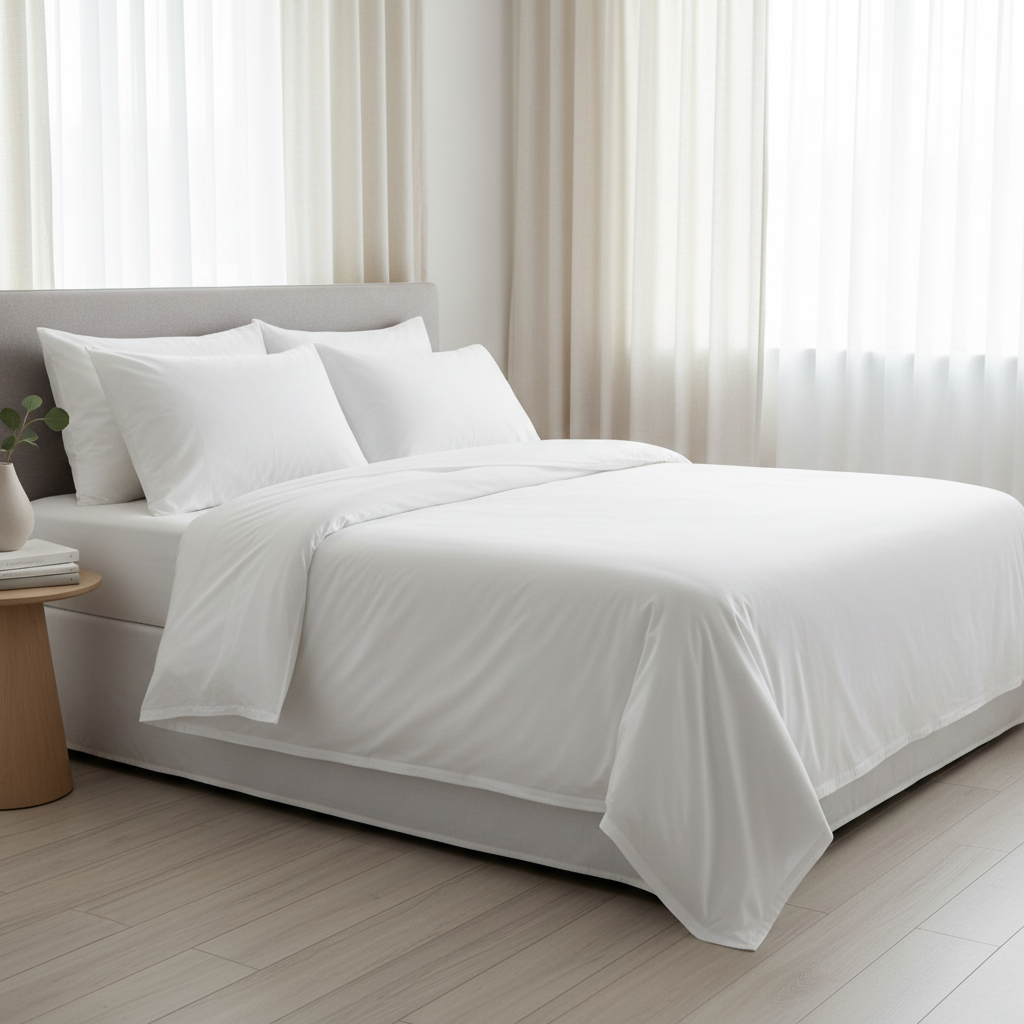 Lit de location saisonnière avec draps blancs bien installés et design moderne dans un appartement touristique