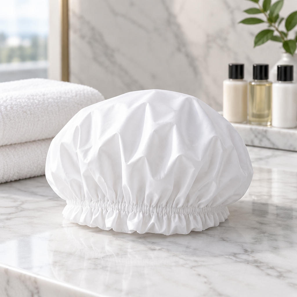  Hotel-Duschhaube aus weißem EVA entfaltet auf der Ablage eines Hotelbadezimmers mit Hotelkosmetik: Gel, Shampoo und Seife im Kleinformat
