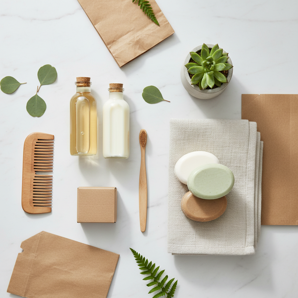Eco amenities for holiday lets: refillable wall-mounted dispenser, soap bar with FSC paper wrapping and biodegradable wipes