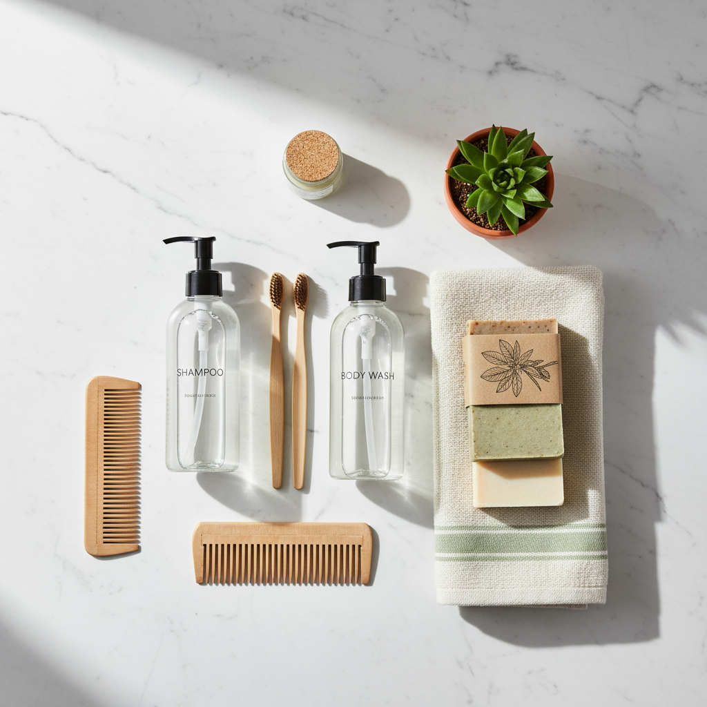Eco-friendly hotel toiletries in recycled paper and bamboo packaging on a sustainable hotel bathroom surface