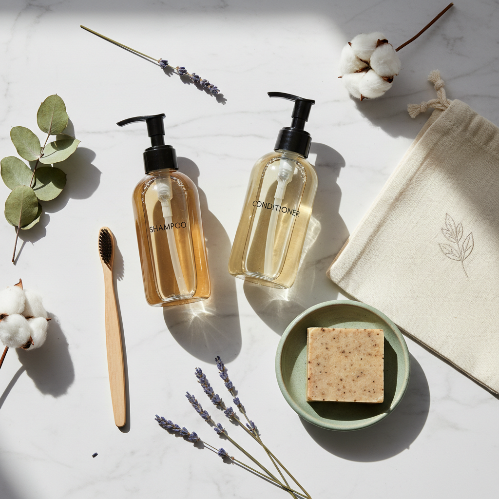 Eco-friendly hotel toiletries with kraft paper packaging and natural soaps on a wooden surface in a sustainable bathroom