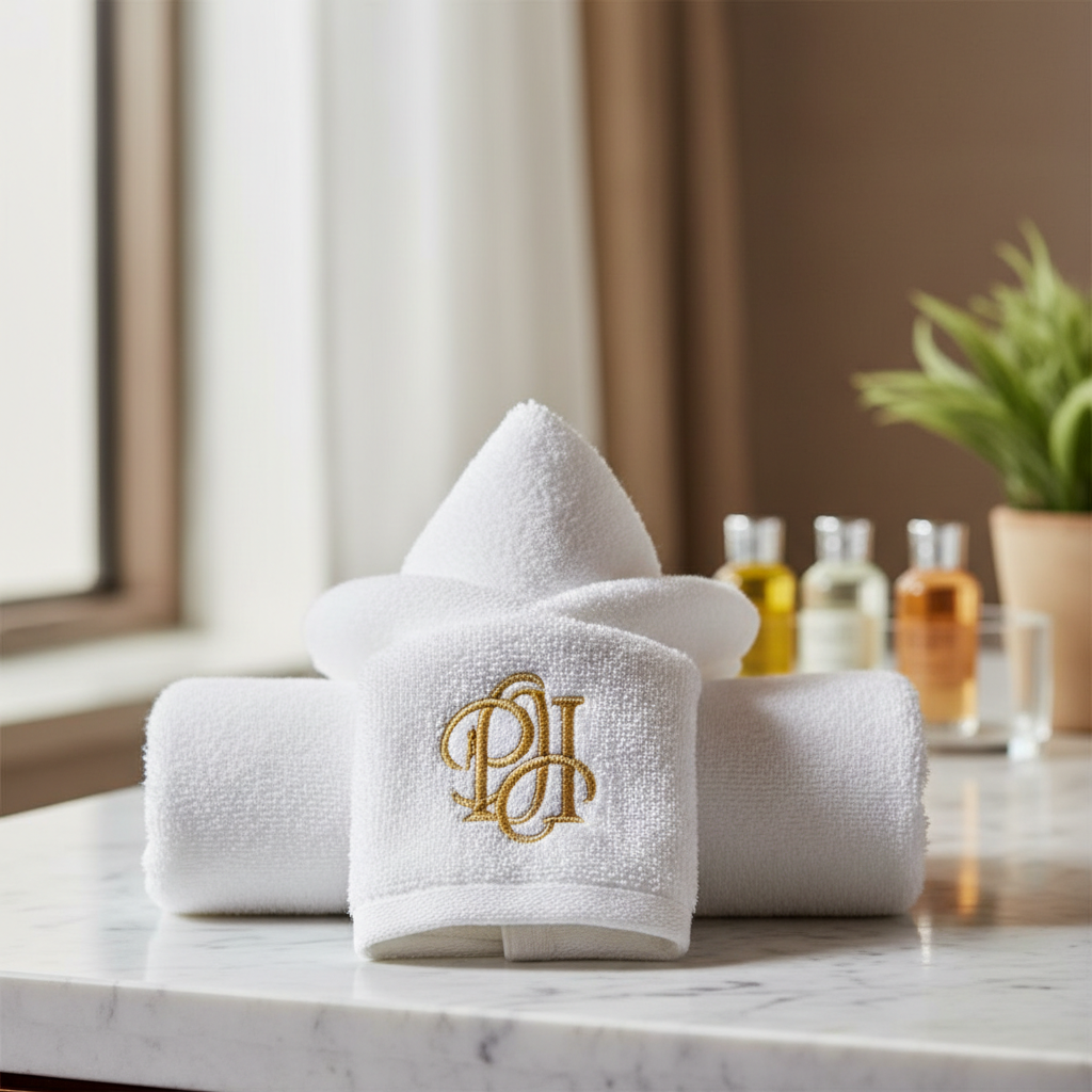 Embroidered hotel towels in white with relief embroidered logo on wooden towel rail in a luxury hotel bathroom