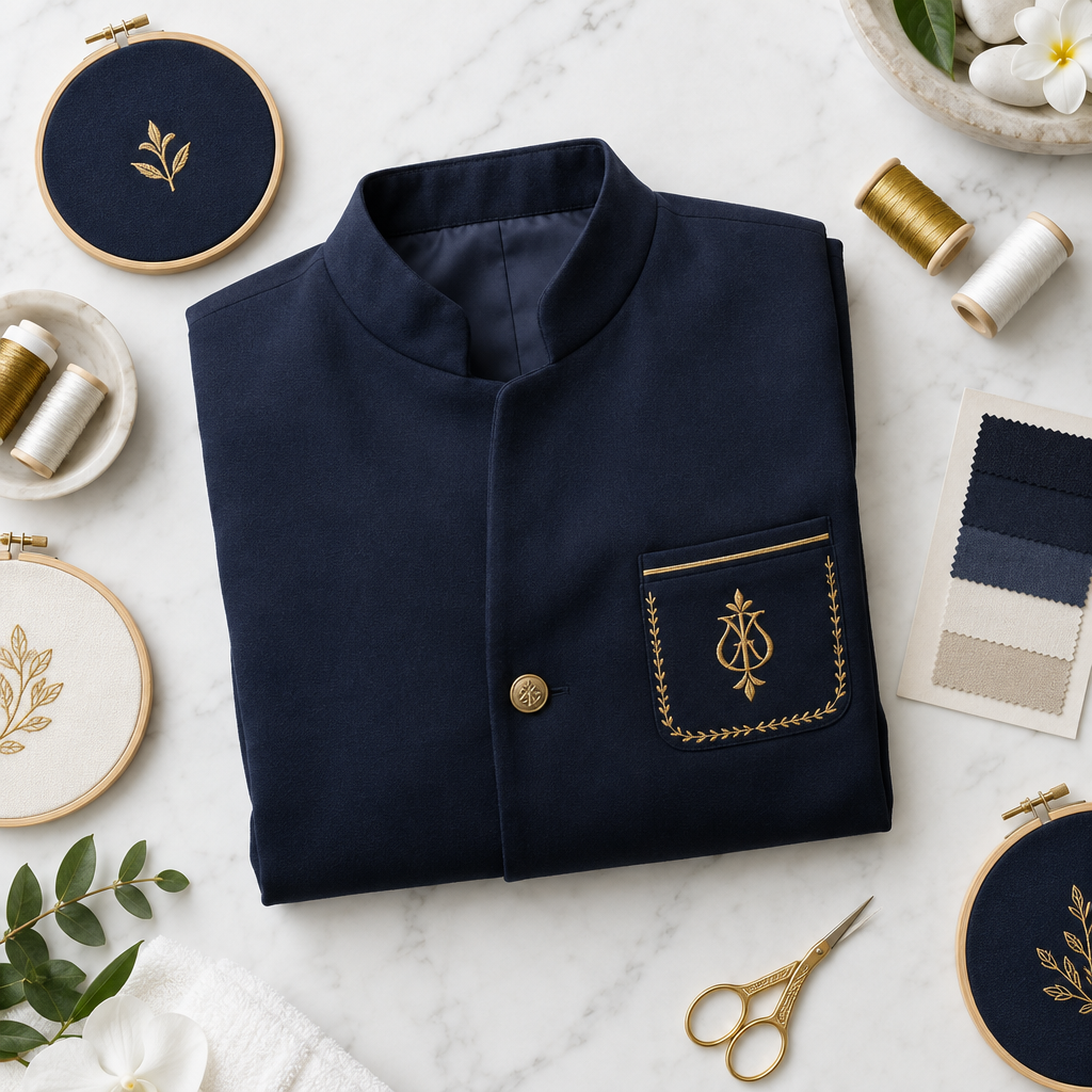 Personalised hotel uniforms with embroidery: front desk shirt with embroidered logo on the left chest and hospitality polo with departmental embroidery in a textile personalisation workshop